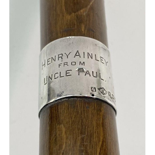 138 - Walking stick with silver band named to Henry Ainley, renowned Shakespearean thespian and film actor... 