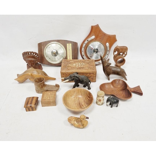 150 - Assorted wooden items to include various carved sculptures, an Anglo-Indian carved wooden box, Indon... 