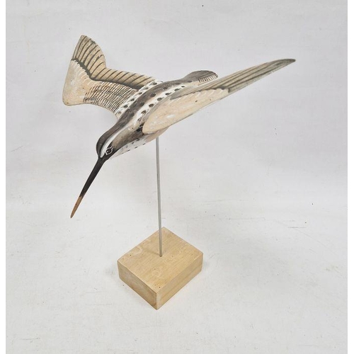 157 - Carved and painted wooden model snipe in flight, on stand