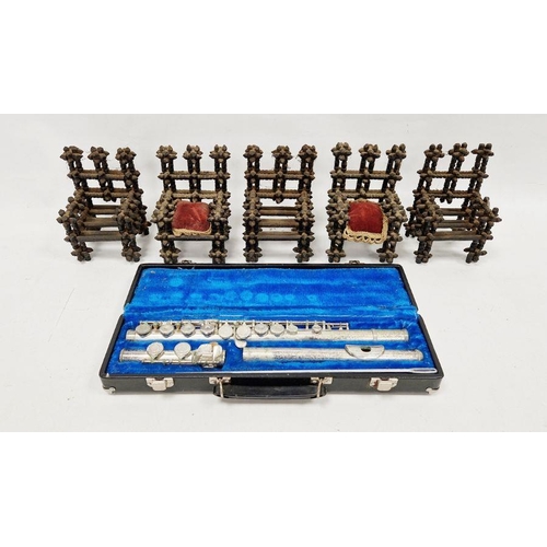 169 - Metal flute, cased and 5 miniature chairs formed from bobbins