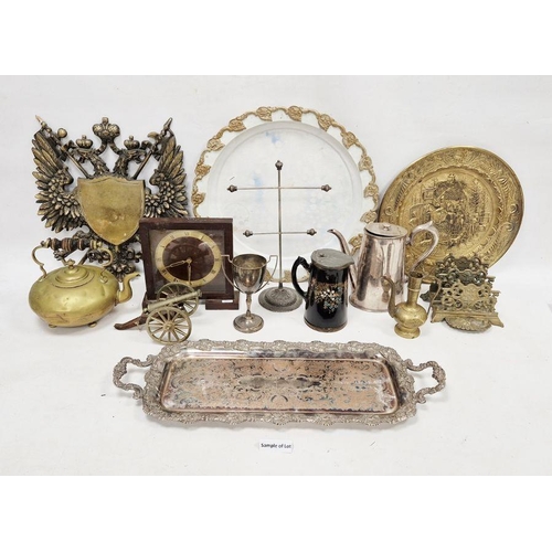 179 - Quantity of assorted metalware and brassware to include mantel clock, two-handled tray, etc (2 boxes... 