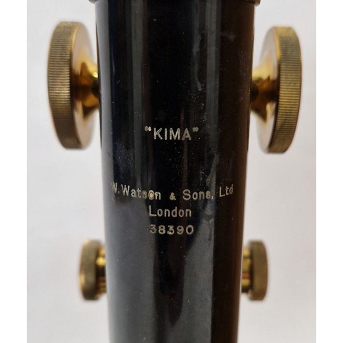 180 - A vintage black lacquered “Kima” monocular microscope with wooden case by W. Watson & Sons of London... 