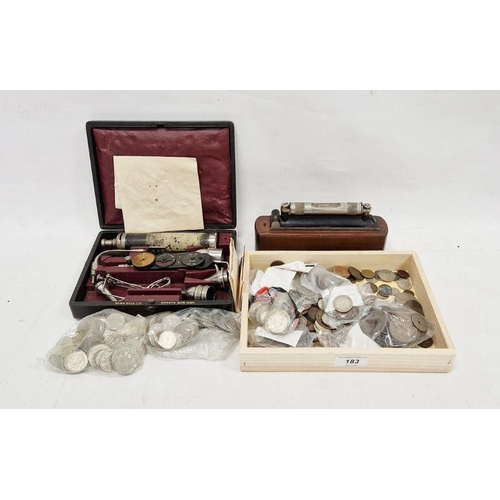 183 - Quantity of world coins, a cased spirit level and a Downrose Ltd. cased ophthalmoscope