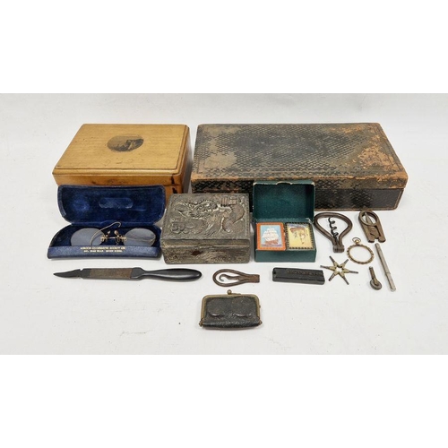 184 - Wooden box with 'Beachy Head Lighthouse' to lid, a miniature set of cards, a coin case, cased specta... 