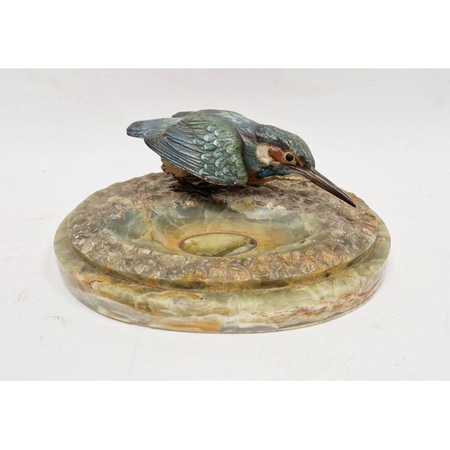 188 - Cold painted bronze model of a kingfisher mounted on an oval green onyx ashtray base, 22cm wide x 7c... 