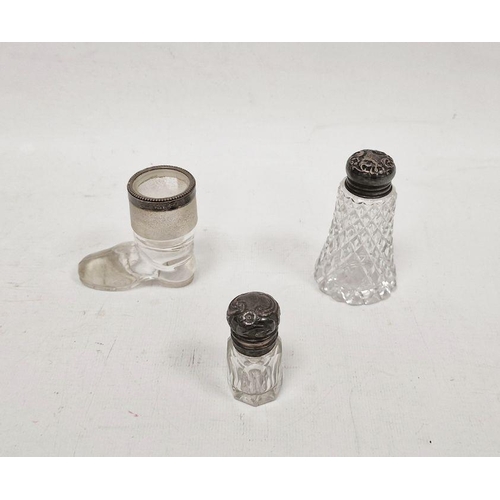 201 - Two silver-mounted cut glass bottles and a novelty silver-mounted glass boot, largest 9cm high (3)