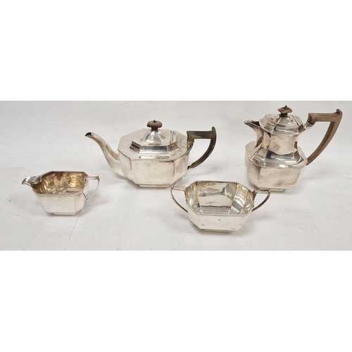 204 - Silver four-piece tea service, each piece rectangular and panelled with engraved scroll border, viz:... 