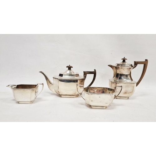 204 - Silver four-piece tea service, each piece rectangular and panelled with engraved scroll border, viz:... 