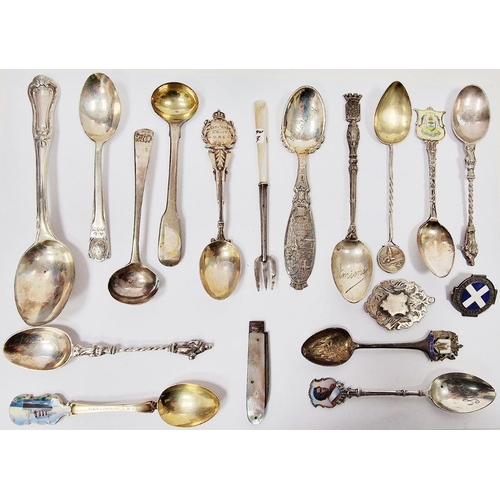 215 - Assorted souvenir and apostle spoons, other spoons, silver and enamel badge 'Registered General Nurs... 