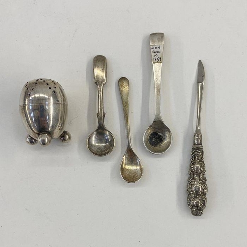 221 - Silver-coloured metal egg-shaped salt on bun feet, no. 41, three silver salt spoons and a silver-mou... 