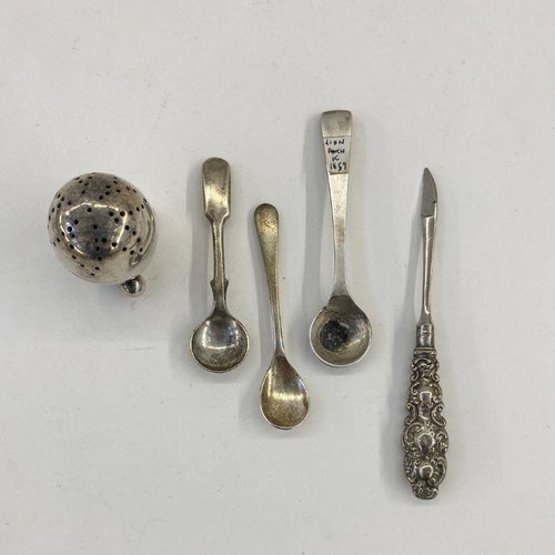 221 - Silver-coloured metal egg-shaped salt on bun feet, no. 41, three silver salt spoons and a silver-mou... 