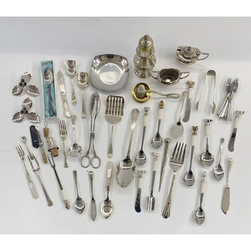 225 - Assorted silver-plated items to include cruet set, sugar tongs, sugar shaker, jam spoons, dessert sp... 