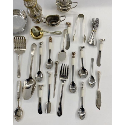 225 - Assorted silver-plated items to include cruet set, sugar tongs, sugar shaker, jam spoons, dessert sp... 