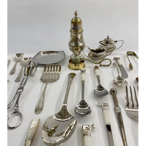 225 - Assorted silver-plated items to include cruet set, sugar tongs, sugar shaker, jam spoons, dessert sp... 