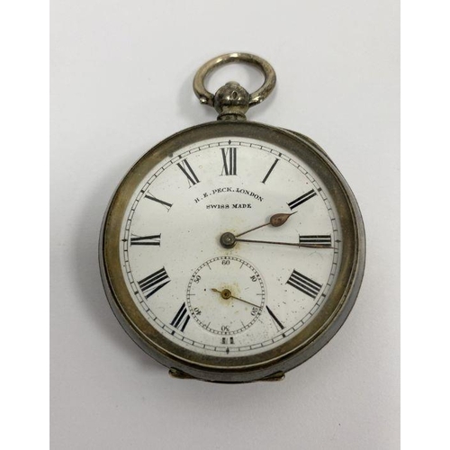 231 - Silver open-faced pocket watch, white enamel dial inscribed 'H E Peck, London', engine-turned, cased... 