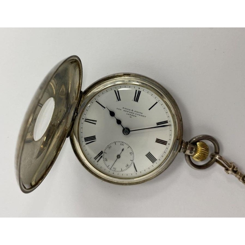 232 - Poyle & Smith London silver half-hunter pocket watch with subsidiary seconds dial, on silver curb-li... 