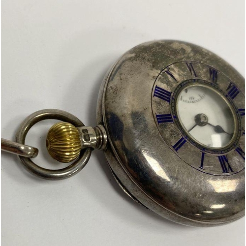 232 - Poyle & Smith London silver half-hunter pocket watch with subsidiary seconds dial, on silver curb-li... 