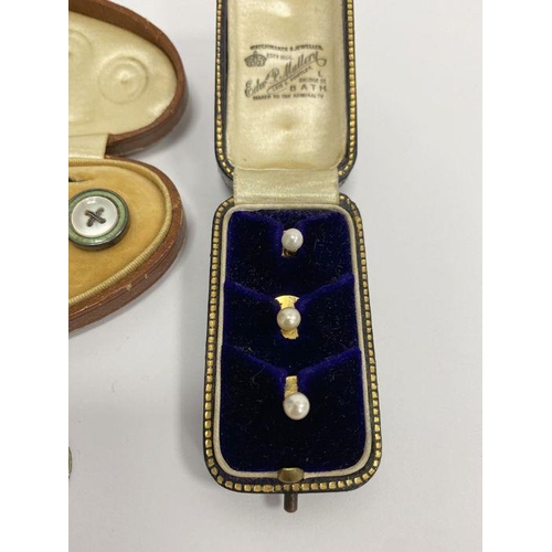 233 - Three gold and pearl studs, cased, 3g approx. and a set of six gilt metal and enamel collar studs, c... 