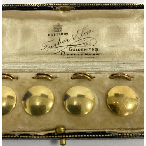 234 - Set of six antique gold studs in Furber & Son gilt leather case, 19.5g total approx.