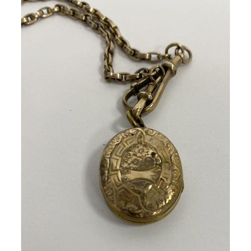 236 - Gold-coloured oval locket pendant, horseshoe embossed with unmarked chain, bar and cornelian set fob... 