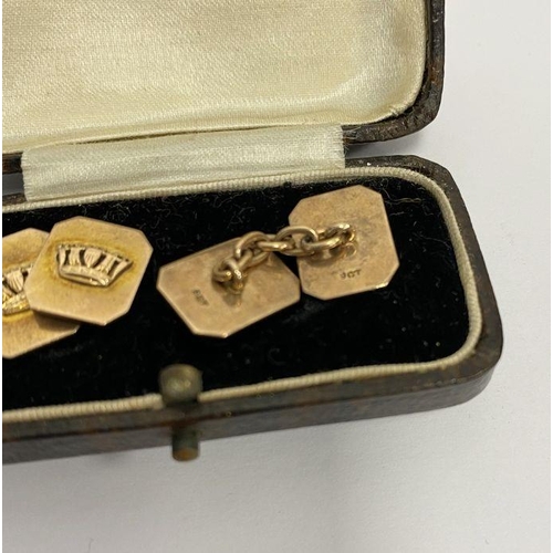 237 - Pair 9ct gold double-oblong and chain cufflinks, each oblong embossed with coronet, 6.4g