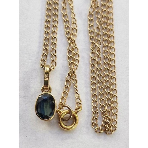 247 - Gold-coloured metal and blue stone pendant set with oval stone, on fine gold-coloured metal chain