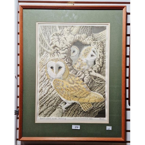 279 - John Tennent (20th century school) 
 Limited edition print
 Barn owl and young, no.24/95, signed in ... 