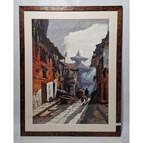 295 - 20th century
 Watercolour
 Traditional Nepalese street scene, indistinctly signed lower right, frame... 