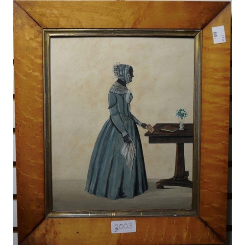 308 - 19th century school
  Watercolour
 Silhouette of a lady in a blue dress and bonnet holding a handker... 