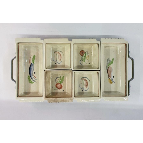 32 - Susie Cooper hors d'oeuvres set, held within a metal and bakelite tray, comprising six dishes (one d... 