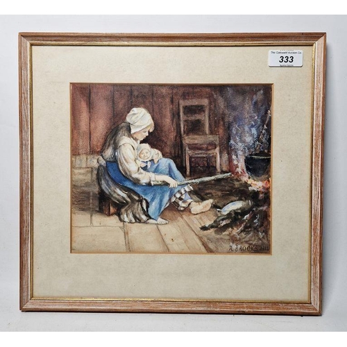 333 - R. Brooks
 Watercolour
 Mother and child seated in front of fire, signed and dated 1914 lower right,... 