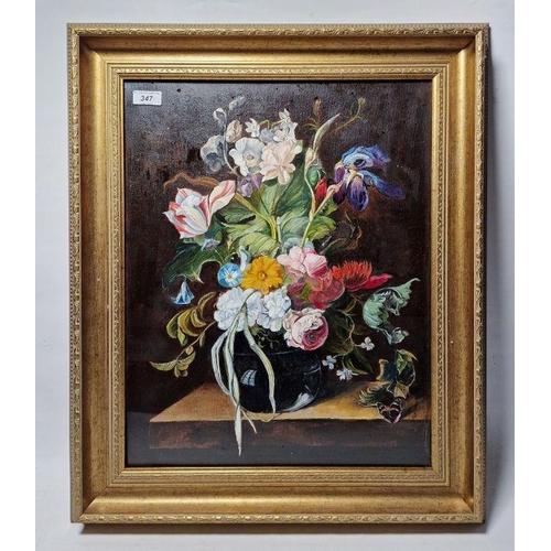 347 - Lovelace (20th century school)
 Oil on cavas
 Floral still life with butterfly, unsigned, framed and... 