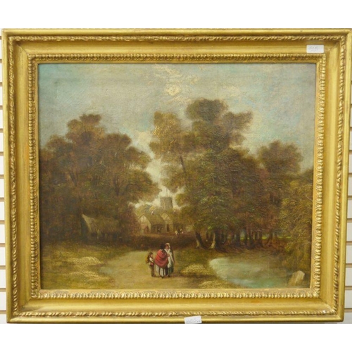 350 - 19th century school
 Pair of oils on canvas
 Wooded landscape scene with  figures on a path ,unsigne... 