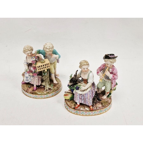 36 - Pair of Meissen-style porcelain groups of children, one group with bird and cage, floral garland and... 