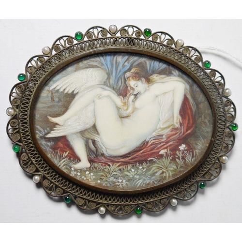 360 - B Vichi (19th century school)
 Oval painting on ivory
 Leda and the swan
 Signed
 6.4cm x 8.4cm appr... 