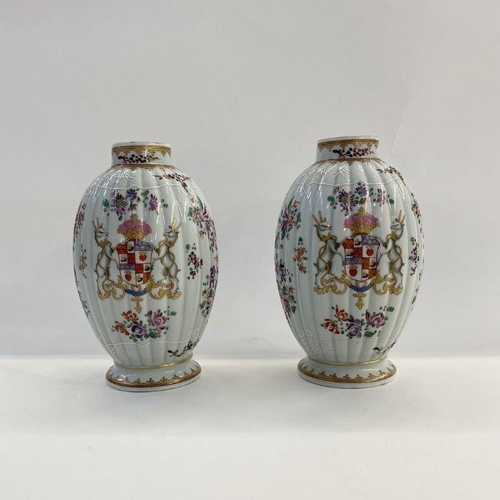 41 - Pair of Samson porcelain vases in pseudo-Chinese style, each ovoid and ribbed, decorated with armori... 