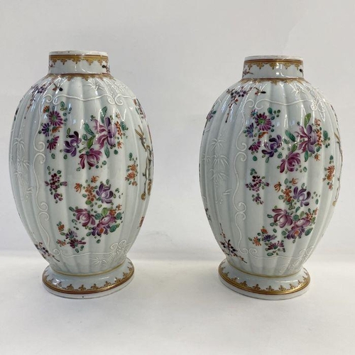 41 - Pair of Samson porcelain vases in pseudo-Chinese style, each ovoid and ribbed, decorated with armori... 