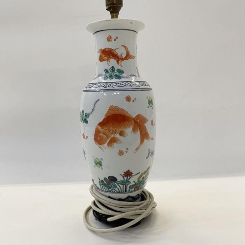 42 - Chinese porcelain vase table lamp of slender ovoid form and painted with cart, in iron red amongst w... 