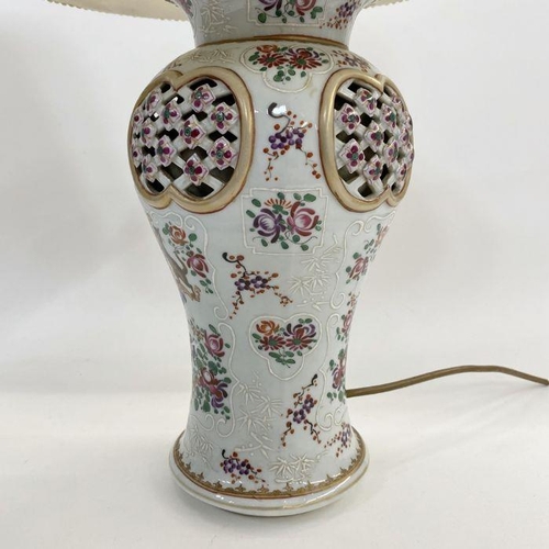 43 - Pair Samson porcelain pseudo Chinese vases fitted as table lamps, each inverse baluster and having l... 