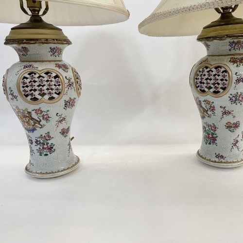 43 - Pair Samson porcelain pseudo Chinese vases fitted as table lamps, each inverse baluster and having l... 