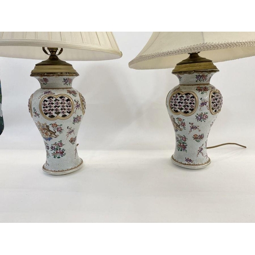 43 - Pair Samson porcelain pseudo Chinese vases fitted as table lamps, each inverse baluster and having l... 