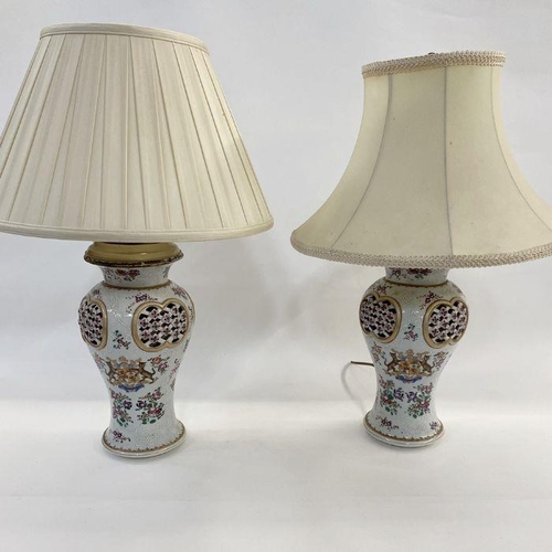 43 - Pair Samson porcelain pseudo Chinese vases fitted as table lamps, each inverse baluster and having l... 