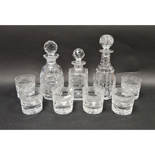 77 - Waterford cut glass decanter, two further cut glass decanters and a set of six cut glass tumblers (9... 