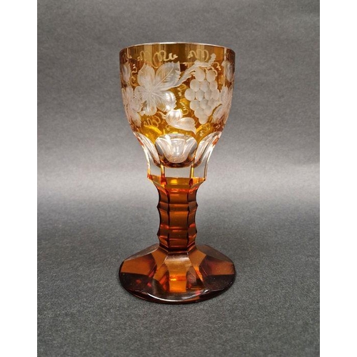 82 - Late 19th century/early 20th century Bohemian amber glass faceted goblet with etched grape and vine ... 