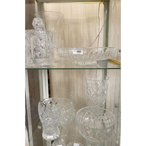 84 - Various cut glass items to include two dessert bowls, two vases, a celery vase, a biscuit barrel and... 