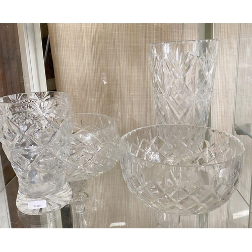 84 - Various cut glass items to include two dessert bowls, two vases, a celery vase, a biscuit barrel and... 