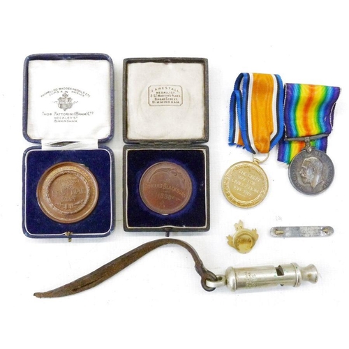 186 - WWII War and Victory medal named to '5118.CSJTSR-Ainscow LANR', WWI Hudson & Co whistle dated 1915, ... 