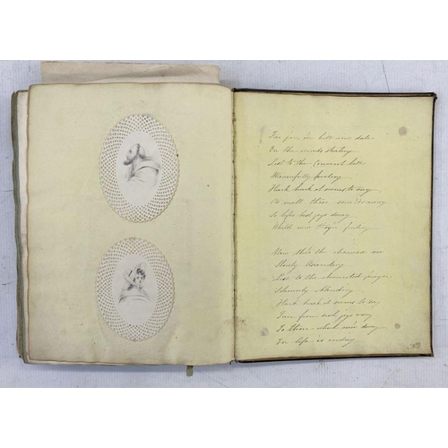 208 - Early 19th century leatherbound journal, containing various anecdotes, letters, paintings and sketch... 