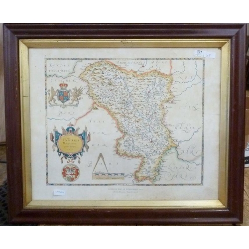 221 - Reproduction map after Universi Derbiensis Comitatus Graphica Descriptio 1577, 57cm x 58cm framed, r... 