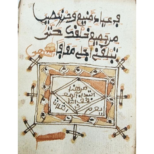 320 - Antique Quran - Arabic script in black and red, unbound but with signs of binding in the form of red... 